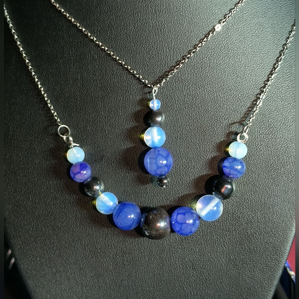 Beautiful Genuine Dragons Vien Agate, Opal & Hematite  Beaded 2 Pc. Necklace Set